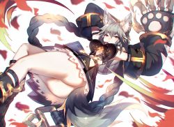 Rule 34 | 10s, 1girl, animal ear fluff, animal ears, arm belt, arms up, ass, blurry, blush, botos, braid, breasts, buckle, claw (weapon), closed mouth, depth of field, erune, from below, gloves, granblue fantasy, grey hair, hair between eyes, hair ornament, large breasts, long hair, looking at viewer, mamuru, paw print, petals, pleated skirt, red eyes, sen (granblue fantasy), skirt, smile, solo, tail, upskirt, very long hair, weapon, white background