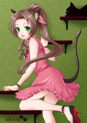 Rule 34 | 1girl, aerith gainsborough, alternate costume, animal ear fluff, animal ears, bare shoulders, black cat, black footwear, bracelet, breasts, brown hair, cat, cat ears, cat girl, cat tail, dated, dress, fang, final fantasy, final fantasy vii, final fantasy vii remake, foot out of frame, frilled dress, frills, green eyes, hair ribbon, high heels, highres, indoors, jewelry, light blush, long hair, looking at viewer, medium breasts, nalu, open mouth, parted bangs, pink dress, pink ribbon, ponytail, red footwear, ribbon, shirt, short dress, sidelocks, sleeveless, sleeveless shirt, slit pupils, smile, solo, strappy heels, tail, two-tone footwear, wavy hair
