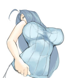 Rule 34 | 1girl, ahoge, blue eyes, blue hair, breasts, covered erect nipples, eu03, from below, idolmaster, idolmaster (classic), impossible clothes, impossible shirt, large breasts, long hair, matching hair/eyes, miura azusa, ribbed sweater, shirt, sleeveless, solo, sweater, taut clothes, taut shirt