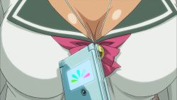Rule 34 | 1girl, breasts, cellphone, cleavage, head out of frame, highres, irma (queen&#039;s blade), large breasts, phone, queen&#039;s blade, school uniform, solo