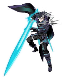 Rule 34 | 1boy, black hair, blue eyes, boots, cape, fate/grand order, fate (series), glasses, glowing, glowing sword, glowing weapon, gram (fate), highres, miwa shirow, multicolored hair, shoulder spikes, sigurd (fate), spiked hair, spikes, sword, two-tone hair, weapon, white hair