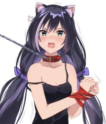 Rule 34 | 1girl, absurdres, anger vein, animal ear fluff, animal ears, bdsm, black hair, black shirt, blush, bound, bound wrists, breasts, cat ears, chain, choker, cleavage, collar, collar tug, collarbone, green eyes, hair ribbon, highres, karyl (princess connect!), long hair, looking at viewer, multicolored hair, off shoulder, open mouth, pinky iwata, princess connect!, purple ribbon, red ribbon, restrained, ribbon, shirt, sleeveless, sleeveless shirt, small breasts, solo, strap slip, streaked hair, twintails, upper body, very long hair, white background