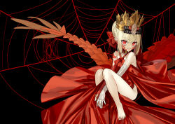 Rule 34 | 1girl, ahoge, bare shoulders, barefoot, blonde hair, braid, breasts, crown, dragon tail, dress, elbow gloves, facial mark, fate/grand order, fate (series), french braid, gloves, hair bun, hair intakes, hair ribbon, long hair, looking at viewer, nero claudius (fate), nero claudius (fate) (all), open mouth, pointy ears, queen draco (fate), queen draco (first ascension) (fate), red dress, red eyes, red ribbon, ribbon, scales, single glove, small breasts, smile, solo, tail, wada arco, white gloves