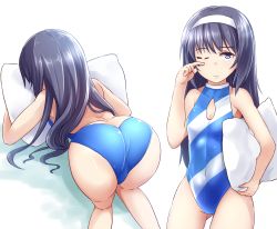 Rule 34 | 1girl, ass, black hair, blue eyes, blue one-piece swimsuit, blush, breasts, cleavage cutout, clothing cutout, collarbone, covered navel, cowboy shot, feet out of frame, from behind, girls und panzer, groin, hair ornament, hairband, highres, kitayama miuki, long hair, looking at viewer, multiple views, hugging object, one-piece swimsuit, one eye closed, pillow, pillow hug, reizei mako, shiny clothes, shiny skin, simple background, sleepy, small breasts, standing, swimsuit, top-down bottom-up, white background, wink