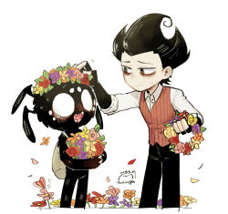 Rule 34 | 2boys, amy7996659, backpack, bag, bags under eyes, black gloves, black hair, black pants, blank eyes, blush, bug, butterfly, collared shirt, don&#039;t starve, fangs, feet out of frame, fingerless gloves, flower, flower wreath, furry, furry male, gloves, hand on another&#039;s head, head wreath, highres, holding, holding flower, insect, looking at another, male focus, monster boy, multiple boys, open mouth, pants, petals, putting on headwear, red vest, shirt, short hair, simple background, sleeves rolled up, smile, spider boy, spiked hair, standing, vest, webber (don&#039;t starve), white background, white shirt, widow&#039;s peak, wilson (don&#039;t starve)