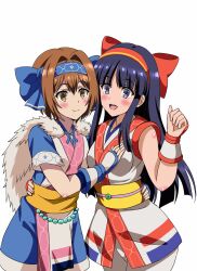 2girls ainu_clothes arm_around_waist blush breasts brown_hair fingerless_gloves gloves grabbing_another&#039;s_breast groping hair_ribbon highres hug legs long_hair looking_at_viewer medium_breasts multiple_girls nakoruru pants purple_eyes purple_hair ribbon rimururu samurai_spirits shoes shorts siblings sisters smile snk teeth thighs tongue