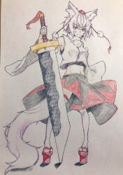 Rule 34 | 1girl, animal ear fluff, animal ears, black skirt, breasts, cleaver, closed mouth, detached sleeves, fang, full body, geta, hat, highres, holding, holding sword, holding weapon, inubashiri momiji, kanaria (bocmn), looking at viewer, medium breasts, midriff, navel, one-hour drawing challenge, pom pom (clothes), red eyes, red footwear, red hat, red skirt, shirt, short hair, simple background, skin fang, skirt, solo, standing, sword, tail, tengu-geta, tokin hat, touhou, traditional media, two-tone skirt, weapon, white hair, white shirt, wide sleeves, wolf ears, wolf girl, wolf tail