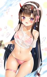 Rule 34 | 1girl, :o, absurdres, bikini, blurry, breasts, brown hair, bubble, collarbone, commentary request, cowboy shot, crop top, gluteal fold, hairband, highres, horns, kurotobi rarumu, long hair, looking at viewer, medium breasts, navel, no pants, off shoulder, oni horns, open mouth, original, pink bikini, purple eyes, see-through, shirt, short sleeves, skindentation, solo, stomach, string bikini, swimsuit, t-shirt, thigh strap, thighs, very long hair, wet, wet clothes, wet shirt, wet shirt, white shirt