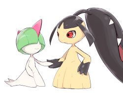 Rule 34 | 2girls, black hair, black skin, blunt bangs, bowl cut, closed mouth, colored skin, creatures (company), enden (pixiv 57969220), expressionless, extra mouth, female focus, flat chest, full body, game freak, gen 3 pokemon, green hair, hair over eyes, hand up, happy, highres, holding hands, long hair, looking at another, mawile, multicolored skin, multiple girls, nintendo, pokemon, pokemon (creature), sharp teeth, short hair, simple background, smile, standing, teeth, two-tone skin, very long hair, white background, white skin, yellow skin