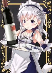 Rule 34 | 1girl, apron, azur lane, little bel (azur lane), belfast (azur lane), blue dress, blue ribbon, blush, bottle, braid, collarbone, commentary request, cup, dress, drinking glass, elbow gloves, gloves, hair ribbon, highres, holding, holding tray, long hair, maid, maid headdress, one side up, parted lips, purple eyes, ribbon, silver hair, sleeveless, sleeveless dress, solo, tray, tsukiman, white apron, white gloves, wine bottle, wine glass, aged down
