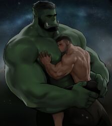 Rule 34 | 2boys, ass grab, bara, beard, between pecs, between pectorals, biceps, blush, bulge, carrying, carrying person, colored skin, couple, cowboy shot, dopey (dopq), facial hair, full beard, grabbing, grabbing another&#039;s ass, green skin, groping, happy, head between pecs, highres, interspecies, kissing pectoral, large pectorals, male focus, mature male, monster boy, multiple boys, muscular, muscular male, night, night sky, nipples, orc, original, paid reward available, pectoral grab, pectorals, pointy ears, short hair, size difference, sky, star (sky), starry sky, thick beard, thick eyebrows, topless male, triceps, tusks, undercut, yaoi