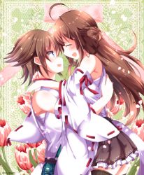 Rule 34 | 2girls, ahoge, bare shoulders, brown hair, commentary request, detached sleeves, double bun, closed eyes, green skirt, hair bun, hairband, headgear, hiei (kancolle), japanese clothes, kantai collection, kongou (kancolle), long hair, looking at another, multiple girls, nontraditional miko, open mouth, plaid, remodel (kantai collection), ribbon-trimmed sleeves, ribbon trim, sakura romu, short hair, skirt, smile, thighhighs