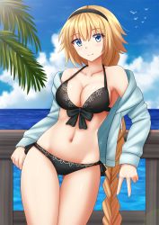 Rule 34 | 1girl, bare shoulders, bikini, bird, black bikini, black hairband, blonde hair, blue eyes, blue jacket, blue sky, blurry, blurry background, blush, braid, breasts, cleavage, closed mouth, cloud, cloudy sky, commentary, day, depth of field, drawstring, fate/grand order, fate (series), fence, fingernails, front-tie bikini top, front-tie top, gluteal fold, hair between eyes, hairband, head tilt, highres, hood, hood down, hooded jacket, horizon, jacket, jeanne d&#039;arc (fate), jeanne d&#039;arc (ruler) (fate), jeanne d&#039;arc (swimsuit archer) (fate), jeanne d&#039;arc (swimsuit archer) (first ascension) (fate), kazenokaze, leaning to the side, long hair, long sleeves, looking at viewer, medium breasts, navel, ocean, off shoulder, open clothes, open jacket, outdoors, palm tree, sky, smile, solo, swimsuit, tree, v, very long hair, water