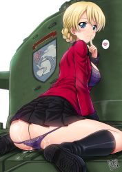 Rule 34 | 10s, 1girl, aftersex, ass, black skirt, blonde hair, blue eyes, blush, boots, bra, braid, breasts, cum, cum on ass, darjeeling (girls und panzer), finger to mouth, french braid, girls und panzer, heart, jacket, kamogawa tanuki, lace, lace-trimmed bra, lace-trimmed panties, lace trim, large breasts, long sleeves, looking back, military, military jacket, military uniform, military vehicle, motor vehicle, open clothes, panties, panty pull, pleated skirt, purple bra, purple panties, red jacket, shiny clothes, short hair, shushing, signature, sitting, skindentation, skirt, smile, solo, spoken heart, st. gloriana&#039;s (emblem), tank, unbuttoned, underwear, uniform, wariza, white background