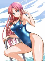 Rule 34 | 1girl, bad id, bad twitter id, blue eyes, blue one-piece swimsuit, braid, breasts, hong meiling, large breasts, long hair, monety, one-piece swimsuit, red hair, smile, solo, swimsuit, touhou, twin braids