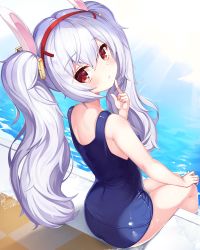 Rule 34 | 1girl, 2drr, animal ears, azur lane, bare arms, bare shoulders, blush, closed mouth, commentary request, from behind, hair between eyes, hair ornament, hairband, hand up, highres, index finger raised, laffey (azur lane), long hair, looking at viewer, looking back, old school swimsuit, pool, poolside, rabbit ears, red eyes, red hairband, school swimsuit, sidelocks, silver hair, sitting, soaking feet, solo, swimsuit, twintails, very long hair, water