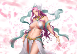 Rule 34 | 1girl, armlet, bangle, bracelet, breasts, cowboy shot, detached collar, flower, green eyes, hagoromo, hair flower, hair ornament, hand on own hip, highres, jewelry, large breasts, lips, long hair, lots of jewelry, lvl (sentrythe2310), midriff, navel, nose, original, petals, pink hair, shawl, showgirl skirt, sideboob, solo