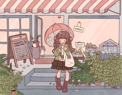 Rule 34 | 1girl, blush, boots, bow, brown footwear, brown hair, cat, day, food, hair bow, holding, holding food, holding umbrella, kaiami, long hair, original, outdoors, plant, potted plant, red bow, shop, solo, umbrella