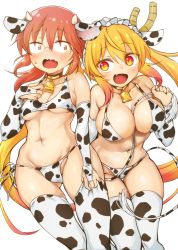 Rule 34 | 2girls, :d, animal ears, animal print, between breasts, bikini, breasts, cleavage, cow ears, cow print, cow tail, feet out of frame, highres, horns, kobayashi-san chi no maidragon, kobayashi (maidragon), kobayashi sun (artist), large breasts, multiple girls, navel, open mouth, orange eyes, orange hair, simple background, small breasts, smile, swimsuit, tail, tail between breasts, thighhighs, tohru (maidragon), underboob, white background