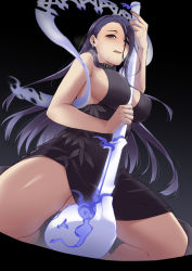 Rule 34 | 1girl, :q, bare arms, bare legs, bare shoulders, between breasts, black dress, blush, breasts, breath, cleavage, dress, earrings, female focus, floating hair, from below, gradient background, groin, half-closed eyes, hands up, holding, holding weapon, jewelry, kaguya (sinoalice), kneeling, large breasts, legs, licking lips, long hair, looking down, mibry (phrysm), nail polish, naughty face, purple eyes, purple hair, simple background, sinoalice, sleeveless, solo, staff, thighs, tongue, tongue out, weapon