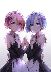 Rule 34 | 2girls, absurdres, bad id, bad pixiv id, blue eyes, blue hair, blush, bow, breasts, cleavage, closed mouth, collar, dan lang, detached sleeves, dress, eyes visible through hair, female focus, fingers together, frills, from side, grey background, hair ornament, hair over one eye, hair ribbon, highres, holding hands, long sleeves, looking at viewer, looking to the side, maid, maid headdress, matching hair/eyes, multiple girls, pink eyes, pink hair, pink ribbon, purple ribbon, ram (re:zero), re:zero kara hajimeru isekai seikatsu, rem (re:zero), ribbon, short hair, siblings, simple background, sisters, standing, twins, upper body, white background, white bow, x hair ornament