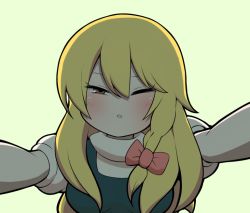 Rule 34 | 1girl, bad id, bad twitter id, black vest, blonde hair, blush, bow, braid, breasts, commentary request, cookie (touhou), green background, hair between eyes, hair bow, kirisame marisa, long hair, looking at viewer, madore, medium breasts, no headwear, one eye closed, parted lips, pinned, pov, red bow, red eyes, shirt, side braid, simple background, single braid, solo, suzu (cookie), touhou, unusually open eyes, upper body, vest, white shirt