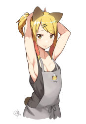 Rule 34 | 1girl, animal ears, apron, armpits, arms up, blonde hair, blush, breasts, cloba, closed mouth, clothes writing, collarbone, commentary request, dated, flower, grey apron, hair flower, hair ornament, hair tie, hairclip, highres, medium breasts, original, ponytail, sideboob, signature, simple background, solo, swept bangs, tail, tying hair, white background, yellow eyes