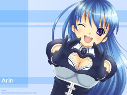 Rule 34 | 1girl, arin, blue hair, breasts, heart, heart hands, large breasts, long hair, pangya, smile, solo, wallpaper