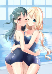Rule 34 | 2girls, ass, asymmetrical docking, blonde hair, blue eyes, blue one-piece swimsuit, blush, breast press, breasts, cheek-to-cheek, commission, competition school swimsuit, covered navel, cowboy shot, dripping, green hair, haoriya chie (minidraco), heads together, highres, hug, indoors, long hair, looking at viewer, medium breasts, minidraco, multiple girls, one-piece swimsuit, one eye closed, one side up, original, pixiv commission, pool, poolside, red eyes, school swimsuit, shiny clothes, shiny skin, small breasts, standing, swimsuit, twintails, wet, wet clothes, wet hair, wet swimsuit