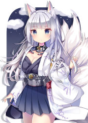 Rule 34 | 1girl, alternate hair length, alternate hairstyle, animal ears, azur lane, bad id, bad pixiv id, blue eyes, commentary request, fox ears, fox tail, highres, japanese clothes, kaga (azur lane), long hair, looking at viewer, multiple tails, pleated skirt, silver hair, skirt, solo, tail, tsuruse, wide sleeves