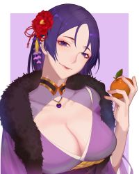 Rule 34 | 1girl, blush, border, breasts, choker, cleavage, closed mouth, collarbone, fate/grand order, fate (series), flower, food, fruit, fur trim, hair flower, hair ornament, highres, japanese clothes, jesse (pixiv34586727), jewelry, kimono, large breasts, long hair, looking at viewer, mandarin orange, minamoto no raikou (fate), parted bangs, pendant, purple background, purple eyes, purple hair, purple kimono, sash, smile, solo, white border