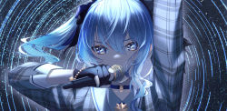 Rule 34 | 1girl, absurdres, arm up, backlighting, belt, black gloves, blue choker, blue eyes, blue hair, blue nails, bracelet, choker, collared shirt, fingernails, gloves, hair between eyes, hat, highres, holding, holding microphone, hololive, hoshimachi suisei, hoshimachi suisei (1st costume), jacket, jewelry, long hair, looking at viewer, microphone, nail polish, outstretched arm, partially fingerless gloves, plaid, plaid headwear, plaid jacket, portrait, shirt, shooting star, side ponytail, sidelocks, skymax, solo, star (symbol), star in eye, symbol in eye, virtual youtuber
