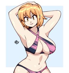 Rule 34 | 1girl, armpits, arms up, bikini, blonde hair, breasts, cleavage, collarbone, commission, ear piercing, halterneck, halterneck, highres, large breasts, looking at viewer, navel, original, parted lips, piercing, short hair, smile, solo, swimsuit, taggo, yellow eyes