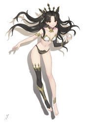 Rule 34 | 1girl, absurdres, armlet, asymmetrical sleeves, barefoot, bikini, black hair, black ribbon, black thighhighs, breasts, cleavage, earrings, fate/grand order, fate (series), floating hair, full body, hair ribbon, hamutyar0, highres, hoop earrings, ishtar (fate), jewelry, long hair, medium breasts, mismatched bikini, navel, red eyes, ribbon, shadow, signature, simple background, single thighhigh, smile, solo, swimsuit, thighhighs, tiara, two side up, uneven sleeves, white background