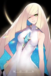 Rule 34 | 1girl, ban! (bansankan), bare arms, blonde hair, breasts, commentary request, creatures (company), diamond (shape), dress, eyelashes, game freak, green eyes, hair over one eye, hand on own hip, highres, long hair, looking at viewer, lusamine (pokemon), nintendo, parted lips, pokemon, pokemon sm, short dress, sleeveless, sleeveless dress, smile, solo, very long hair, white dress