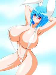 Rule 34 | 1girl, 60, animal ears, armpits, arms behind head, arms up, bikini, blue hair, blush, breasts, covered erect nipples, fake animal ears, female focus, highres, huge breasts, navel, rabbit ears, red eyes, shiny skin, slingshot swimsuit, smile, solo, standing, swimsuit, thighs