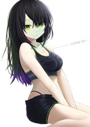 Rule 34 | 1girl, alternate hairstyle, arms between legs, black hair, breasts, character name, cleavage, crop top, girls&#039; frontline, green eyes, green trim, highres, knees together feet apart, long hair, looking at viewer, mac-10 (girls&#039; frontline), medium breasts, minarai yukidaruma, no gloves, no stitches, short shorts, shorts, simple background, sitting, solo, thong, white background