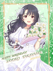 Rule 34 | 1girl, 2023, absurdres, belt, black hair, blush, border, bouquet, bow, bracelet, breasts, camellia, character name, collarbone, dated, dot nose, dress, earrings, floral background, floral print, flower, green background, hair bow, hair ornament, hair over shoulder, happy birthday, highres, holding, holding bouquet, idolmaster, idolmaster million live!, idolmaster million live! theater days, jewelry, long hair, looking at viewer, medium breasts, nail polish, open mouth, ornate border, parted bangs, pendant, red eyes, ribbon, see-through, see-through sleeves, shiro (ongrokm), short sleeves, sidelocks, smile, solo, takayama sayoko, wavy hair, white dress, white flower