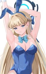 Rule 34 | 1girl, animal ears, armpits, arms up, blonde hair, blue archive, blue bow, blue bowtie, blue eyes, blue hairband, blue halo, blue leotard, bow, bowtie, breasts, cleavage, detached collar, fake animal ears, fiftya, hairband, halo, highres, holding own arm, leotard, long hair, medium breasts, multicolored hair, official alternate costume, parted lips, playboy bunny, rabbit ears, simple background, strapless, strapless leotard, streaked hair, toki (blue archive), toki (bunny) (blue archive), upper body, very long hair, white background, wrist cuffs