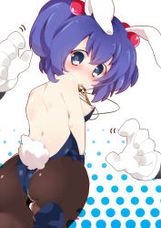 Rule 34 | 1girl, absurdres, animal ears, ass, back, backless leotard, blue eyes, blue hair, breasts, brown pantyhose, fake animal ears, guratan (guratan18), hair bobbles, hair ornament, high heels, highres, kawashiro nitori, key, leotard, looking back, matching hair/eyes, mechanical arms, medium breasts, nipple slip, nipples, pantyhose, playboy bunny, rabbit ears, rabbit tail, short hair, single mechanical arm, solo, tail, touhou, twintails, two side up, wrist cuffs