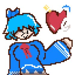 Rule 34 | 1girl, blue bow, blue hair, blush, bow, breasts, cirno, closed mouth, commentary, disembodied head, english commentary, hair bow, hand up, heart, kutamoraa, large breasts, light blue hair, light smile, long sleeves, one eye closed, pixel art, school uniform, shirt, short hair, skirt, smile, solo, sparkle, touhou, transparent background, valentine, wide sleeves