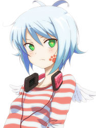 Rule 34 | + +, 1girl, blue hair, character request, green eyes, headphones, headphones around neck, paper man, paw print, pu-chin, simple background, solo, striped, white background