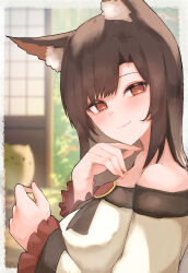 Rule 34 | 1girl, absurdres, animal ear fluff, animal ears, blush, brooch, brown hair, closed mouth, commentary, dress, fang, hand on own chin, highres, imaizumi kagerou, jewelry, long hair, long sleeves, looking at viewer, off-shoulder dress, off shoulder, orange eyes, pollux368, red brooch, shouji, skin fang, sliding doors, smile, solo, touhou, wolf ears