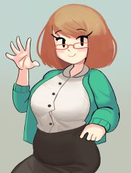 Rule 34 | 1girl, absurdres, aqua cardigan, blush, bob cut, breasts, brown hair, button gap, buttons, cardigan, closed mouth, collared shirt, commentary, glasses, grey background, hand up, highres, large breasts, looking at viewer, nikki (swapnote), nintendo, open clothes, palms, pencil skirt, pince-nez, plump, rectangular eyewear, red-framed eyewear, shirt, shirt tucked in, short hair, simple background, skirt, smile, solo, spread fingers, swapnote, taut clothes, taut skirt, waving, white shirt, xeno (xenoglitch)