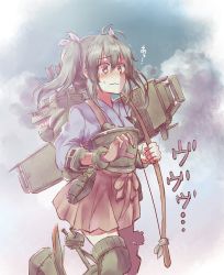 Rule 34 | 10s, 1girl, blush, boots, bow (weapon), gloves, hair ribbon, japanese clothes, kantai collection, long hair, muneate, partially fingerless gloves, partly fingerless gloves, personification, ribbon, sawaya (mizukazu), skirt, sky, thigh boots, thighhighs, twintails, weapon, yugake, zuikaku (kancolle)
