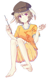 Rule 34 | 1girl, animal ears, barefoot, blonde hair, brown hat, collarbone, dango, flat cap, food, full body, hands up, hat, highres, holding, holding food, knees up, looking at viewer, orange shirt, orange shorts, rabbit ears, red eyes, ringo (touhou), shirt, short hair, short sleeves, shorts, simple background, sitting, solo, striped clothes, striped shorts, touhou, uranaishi (miraura), vertical-striped clothes, vertical-striped shorts, wagashi, white background