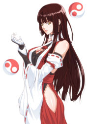 Rule 34 | 1girl, adapted costume, bad id, bad pixiv id, bandages, bare shoulders, breasts, bridal gauntlets, brown hair, cleavage, cleavage cutout, clothing cutout, detached sleeves, female focus, gloves, hair tubes, hakama, hakama pants, halterneck, holding own arm, japanese clothes, large breasts, leotard, lipstick, long hair, m.u.g.e.n, makeup, miko, nontraditional miko, original, pants, parted lips, red hakama, sendai hakurei no miko, simple background, smile, solo, touhou, white background, wide sleeves, yellow eyes, yin yang, zucchini
