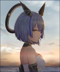 Rule 34 | 1girl, azur lane, bare shoulders, blue hair, blurry, border, breasts, closed mouth, cloud, depth of field, envyvanity, floating headgear, from side, gascogne (azur lane), headgear, medium breasts, multicolored hair, outdoors, profile, short hair, sky, solo, streaked hair, sunrise, sunset, upper body, water, yellow eyes