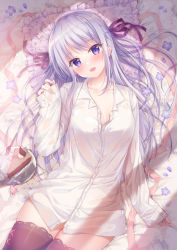 Rule 34 | 1girl, :d, bed sheet, black thighhighs, blush, breasts, cake, cake slice, collarbone, collared shirt, commentary request, cowboy shot, cross, cross earrings, dress, dress shirt, earrings, flower, food, frilled pillow, frills, hair ribbon, hand up, head tilt, highres, jewelry, long hair, long sleeves, looking at viewer, lying, medium breasts, mole, mole under eye, on back, on bed, open mouth, original, partially unbuttoned, petals, pillow, pinching sleeves, pink ribbon, plate, purple eyes, purple flower, purple hair, purple ribbon, red thighhighs, ribbon, shirt, sleeves past wrists, small breasts, smile, solo, sousouman, teeth, thighhighs, upper teeth only, very long hair, white shirt
