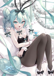 Rule 34 | 1girl, animal ears, bare shoulders, black bow, black leotard, black pantyhose, black ribbon, blue eyes, blue hair, bow, braid, breasts, cleavage, cocktail glass, cup, detached collar, drinking glass, fake animal ears, fake tail, hair between eyes, hair ribbon, hatsune miku, highres, holding, holding cup, leotard, looking at viewer, myaco9, neck ribbon, open mouth, pantyhose, pillow, playboy bunny, rabbit ears, rabbit tail, ribbon, short hair, sitting, small breasts, solo, strapless, strapless leotard, tail, twin braids, twintails, vocaloid, white footwear, wing collar